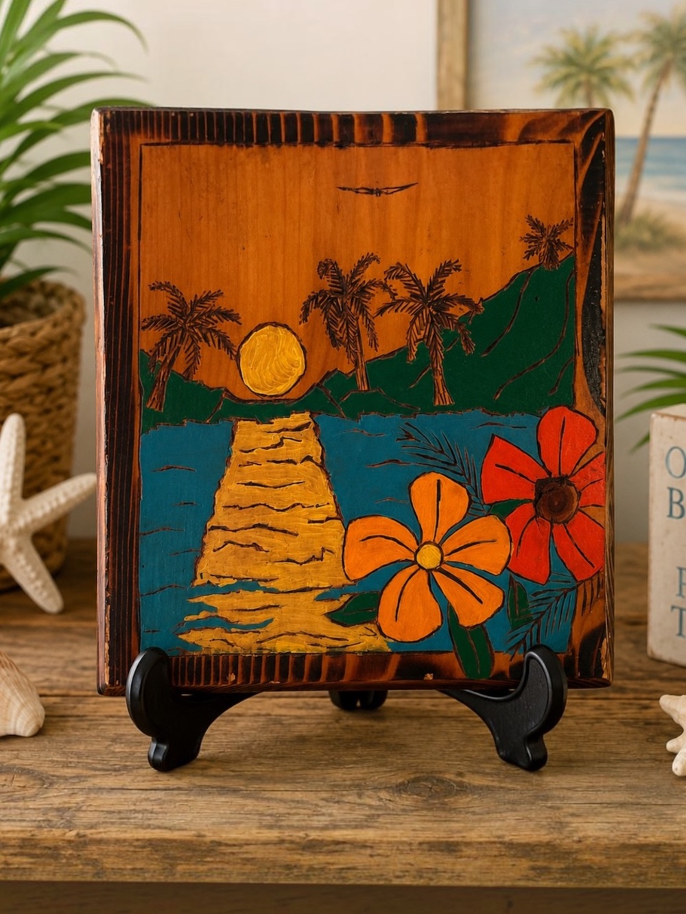 Vintage Tropical Sunset Wood Plaque Hand Carved Burned Art Floral Wall Hanging